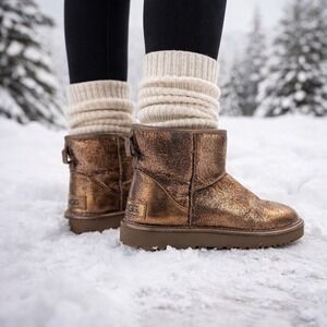 UGG Classic Mini Crackle Metallic Bronze Sheepskin Ankle Boots Women's 7